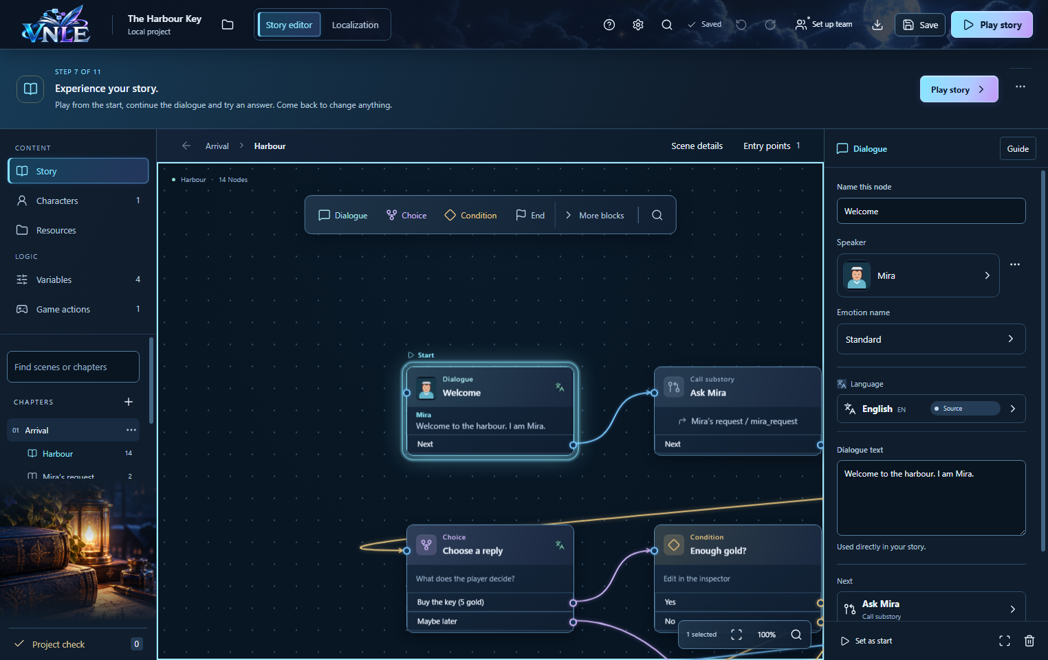 The Harbour Key in VNLE, English interface