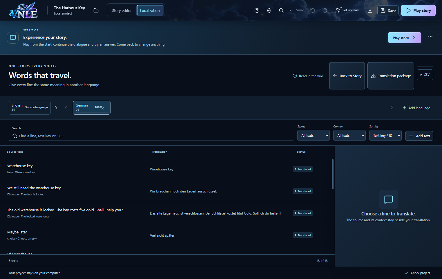 VNLE localization workspace in English